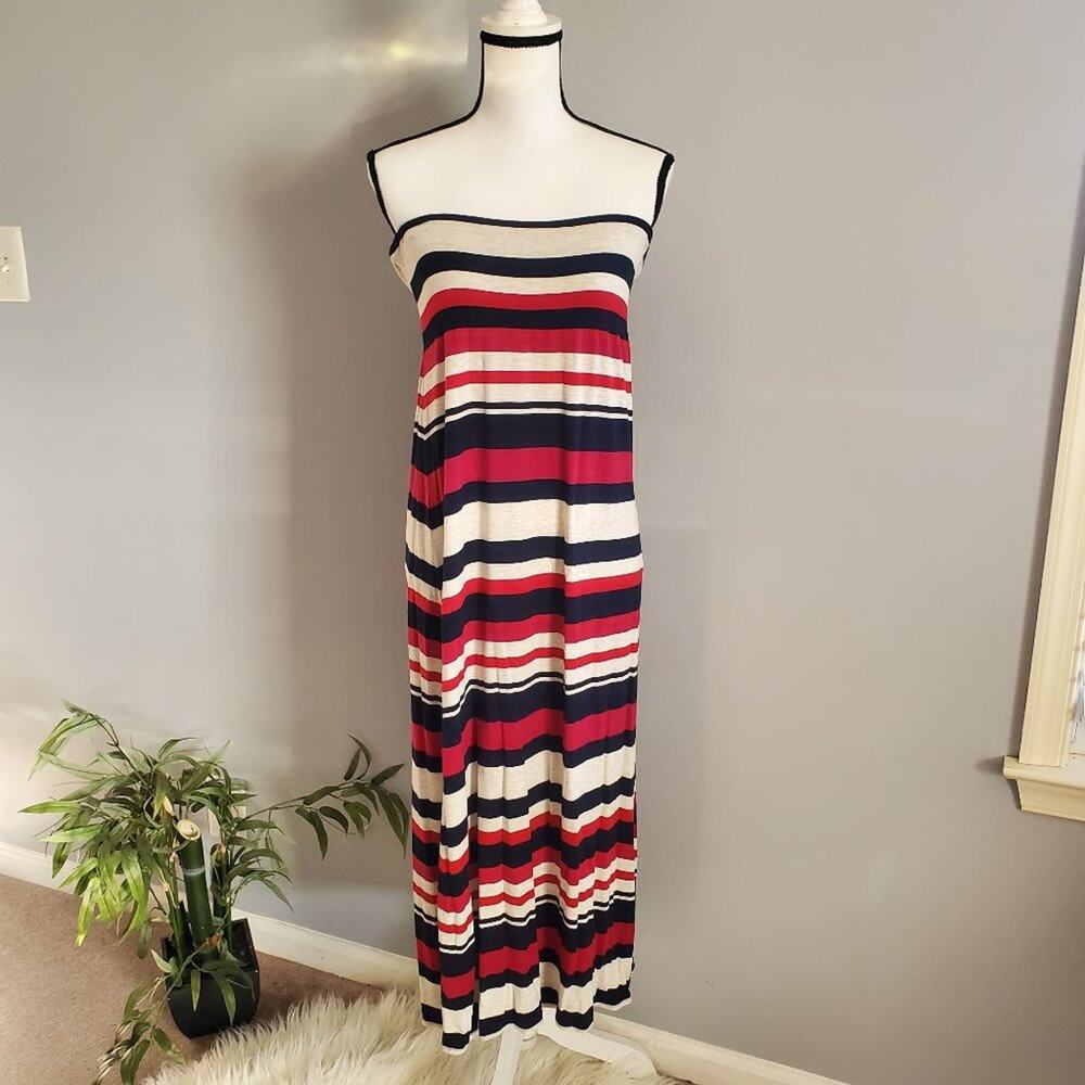 Max Studio Strapless Striped Red Blue White Maxi Dress Sz L